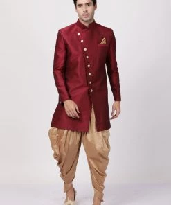 Vastramay Men's Maroon Silk Blend Sherwani Set
