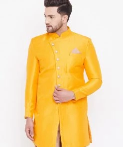 Vastramay Men's Mustard Silk Blend Sherwani Only Top