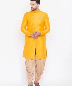 Sherwani/Indowestern Sets Vastramay Men's Mustard And Rose Gold Silk Blend Sherwani Set