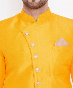 Sherwani/Indowestern Sets Vastramay Men's Mustard And Rose Gold Silk Blend Sherwani Set