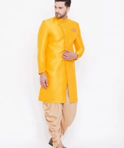 Sherwani/Indowestern Sets Vastramay Men's Mustard And Rose Gold Silk Blend Sherwani Set