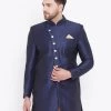 Vastramay Men's Navy Blue Silk Blend Sherwani Only Top