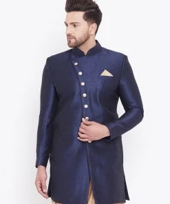 Vastramay Men's Navy Blue Silk Blend Sherwani Only Top