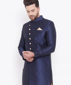 Vastramay Men's Navy Blue Silk Blend Sherwani Only Top
