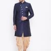 Vastramay Men's Navy Blue And Rose Gold Silk Blend Sherwani Set Sherwani/Indowestern Sets
