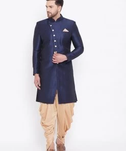 Vastramay Men's Navy Blue And Rose Gold Silk Blend Sherwani Set Sherwani/Indowestern Sets