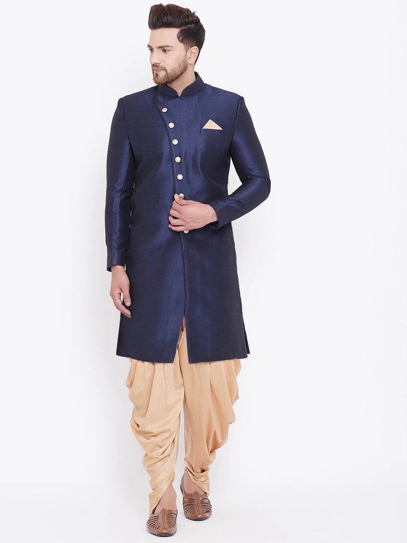 Vastramay Men's Navy Blue And Rose Gold Silk Blend Sherwani Set Sherwani/Indowestern Sets 3 Vastramay Men's Navy Blue And Rose Gold Silk Blend Sherwani Set Sherwani/Indowestern Sets