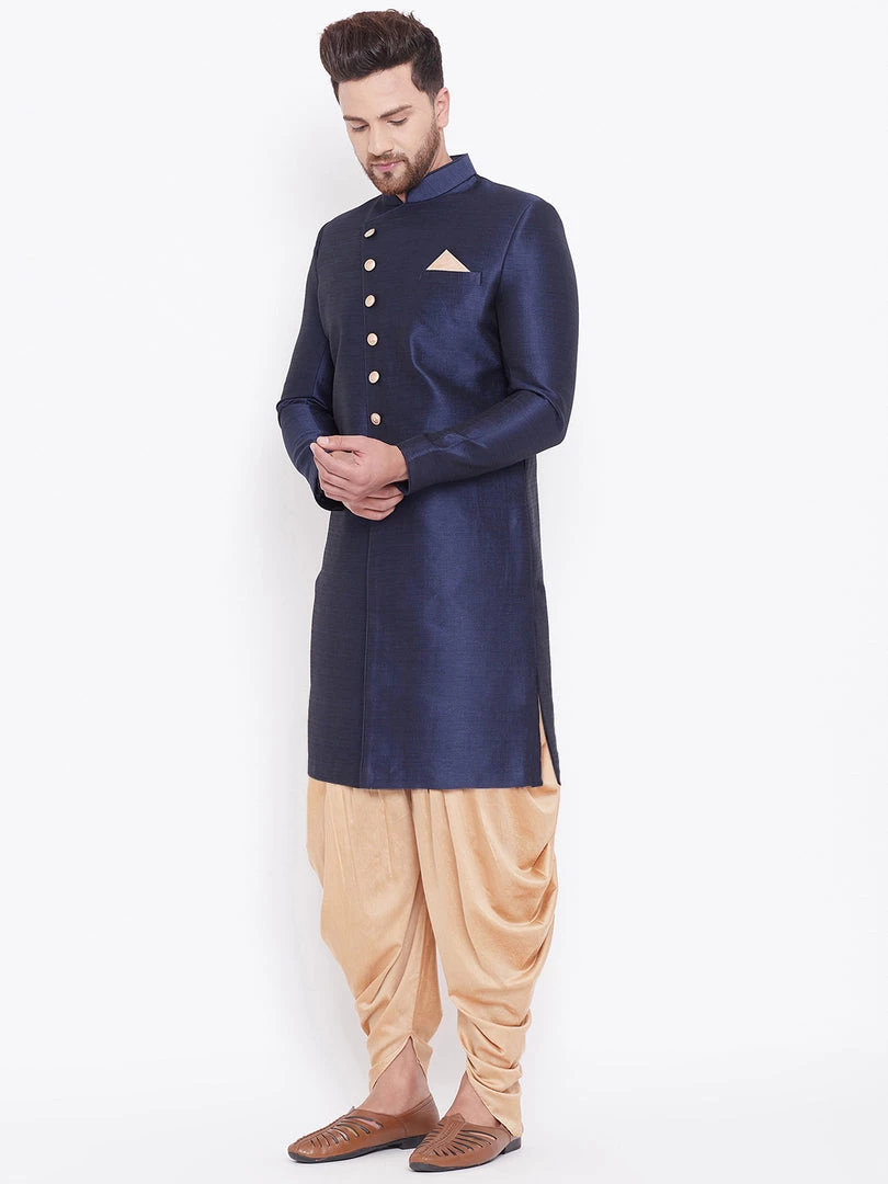 Vastramay Men's Navy Blue And Rose Gold Silk Blend Sherwani Set Sherwani/Indowestern Sets 4 Vastramay Men's Navy Blue And Rose Gold Silk Blend Sherwani Set Sherwani/Indowestern Sets