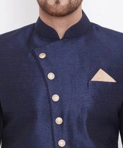 Vastramay Men's Navy Blue And Rose Gold Silk Blend Sherwani Set Sherwani/Indowestern Sets 12 Vastramay Men's Navy Blue And Rose Gold Silk Blend Sherwani Set Sherwani/Indowestern Sets