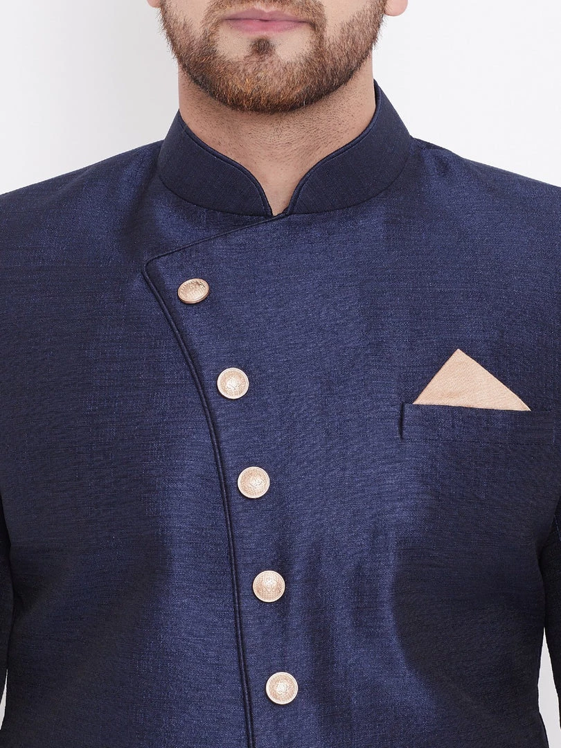 Vastramay Men's Navy Blue And Rose Gold Silk Blend Sherwani Set Sherwani/Indowestern Sets 6 Vastramay Men's Navy Blue And Rose Gold Silk Blend Sherwani Set Sherwani/Indowestern Sets