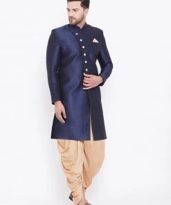 Vastramay Men's Navy Blue And Rose Gold Silk Blend Sherwani Set Sherwani/Indowestern Sets 14 Vastramay Men's Navy Blue And Rose Gold Silk Blend Sherwani Set Sherwani/Indowestern Sets