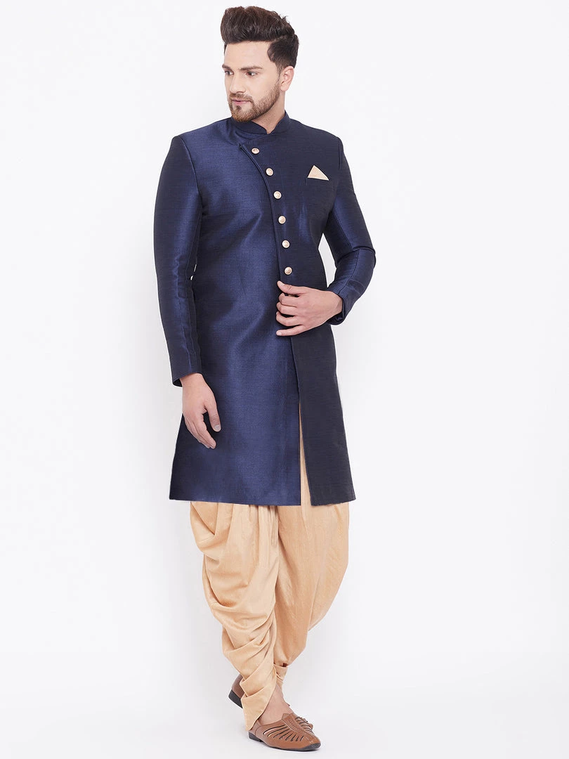 Vastramay Men's Navy Blue And Rose Gold Silk Blend Sherwani Set Sherwani/Indowestern Sets 8 Vastramay Men's Navy Blue And Rose Gold Silk Blend Sherwani Set Sherwani/Indowestern Sets