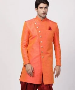 Vastramay Men's Orange Silk Blend Sherwani Only Top