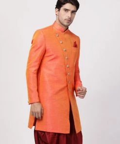 Vastramay Men's Orange Silk Blend Sherwani Only Top