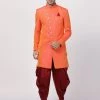 Vastramay Men's Orange Silk Blend Sherwani Set