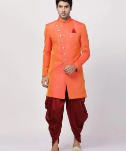 Vastramay Men's Orange Silk Blend Sherwani Set