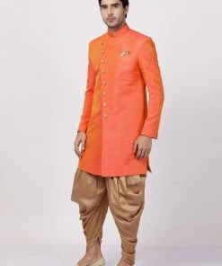 Vastramay Men's Orange Silk Blend Sherwani Set