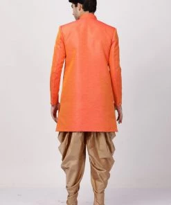 Vastramay Men's Orange Silk Blend Sherwani Set