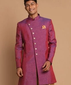 Vastramay Men's Purple Angrakha Style Jute Royal Sherwani Only Top