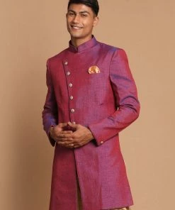 Vastramay Men's Purple Angrakha Style Jute Royal Sherwani Only Top