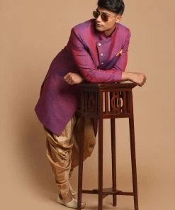 Vastramay Men's Purple Angrakha Style Jute Royal Sherwani Only Top