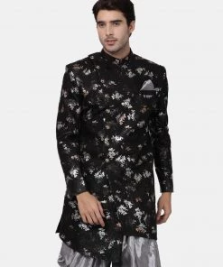 Vastramay Men's Black Silk Blend Sherwani Only Top
