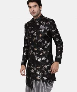 Vastramay Men's Black Silk Blend Sherwani Only Top