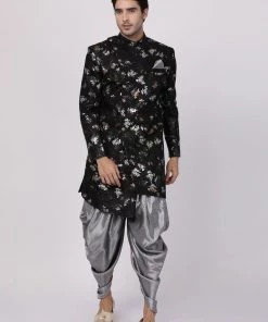 Vastramay Men's Black Silk Blend Sherwani Set