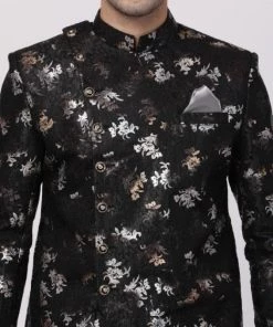 Vastramay Men's Black Silk Blend Sherwani Set