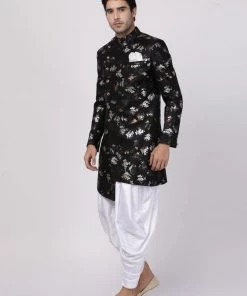 Vastramay Men's Black Silk Blend Sherwani Set