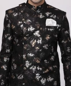 Vastramay Men's Black Silk Blend Sherwani Set