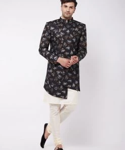 VASTRAMAY Men's Black Angrakha Style Indo Western Over Cream Kurta Pyjama Set Sherwani/Indowestern Sets