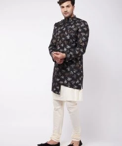 VASTRAMAY Men's Black Angrakha Style Indo Western Over Cream Kurta Pyjama Set Sherwani/Indowestern Sets