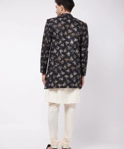 VASTRAMAY Men's Black Angrakha Style Indo Western Over Cream Kurta Pyjama Set Sherwani/Indowestern Sets