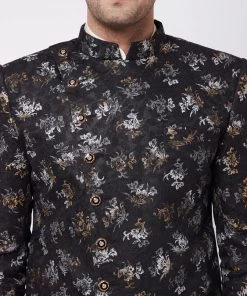 VASTRAMAY Men's Black Angrakha Style Indo Western Over Cream Kurta Pyjama Set Sherwani/Indowestern Sets