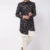 VASTRAMAY Men's Black Angrakha Style Indo Western Over Cream Kurta Pyjama Set Sherwani/Indowestern Sets 2 VASTRAMAY Men's Black Angrakha Style Indo Western Over Cream Kurta Pyjama Set Sherwani/Indowestern Sets