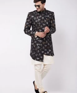 VASTRAMAY Men's Black Angrakha Style Indo Western Over Cream Kurta Pyjama Set Sherwani/Indowestern Sets