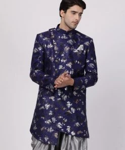 Vastramay Men's Blue Silk Blend Sherwani Only Top