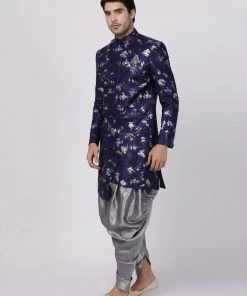 Vastramay Men's Blue Silk Blend Sherwani Set