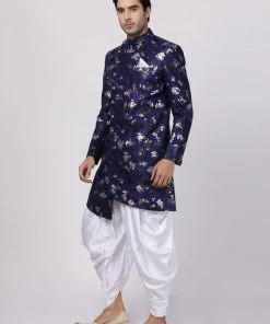 Vastramay Men's Blue Silk Blend Sherwani Set