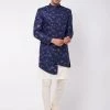 VASTRAMAY Men's Blue Angrakha Style Indo Western Over Cream Kurta Pyjama Set