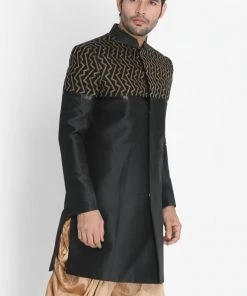 VASTRAMAY Men's Black Silk Blend Sherwani Only Top