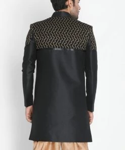 VASTRAMAY Men's Black Silk Blend Sherwani Only Top