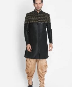 VASTRAMAY Men's Black Silk Blend Sherwani Only Top