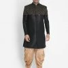 Vastramay Men's Black Silk Blend Sherwani Set