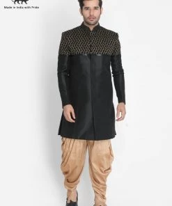 Vastramay Men's Black Silk Blend Sherwani Set