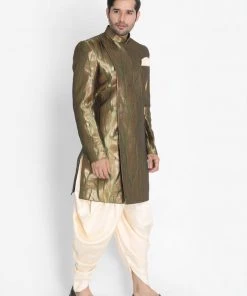 Vastramay Men's Brown Silk Blend Sherwani Set