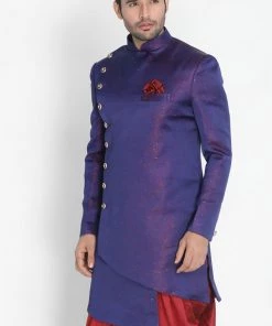 Vastramay Men's Blue Silk Blend Sherwani Only Top North