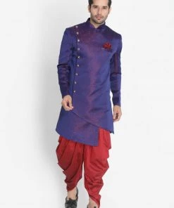 Vastramay Men's Blue Silk Blend Sherwani Only Top North