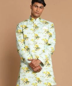 VASTRAMAY Men's Light Green Silk Blend Sherwani Only Top North